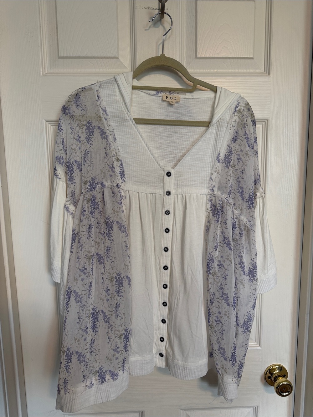 New POL White Button-Down Blouse with Lavender Floral Sleeves - Picture 3 of 5